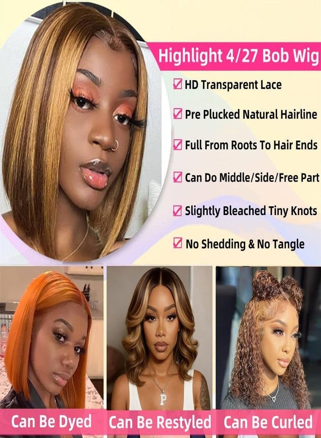 Superfect Ombre Honey Blonde Bob Wig Human Hair Highlight 13x4 Hd Lace Front Wigs Human Hair Pre Plucked 14 Inch Middle Part 4/27 Colored Glueless Lace Frontal Wigs(14 Inch, 4/27 Highlight) - Image 5